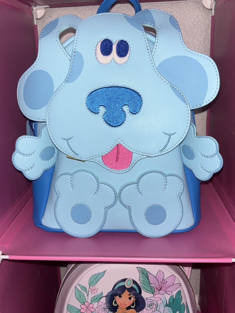 Loungefly Light Blue Puppy Backpack with Pink Tongue and Dark Blue Nose